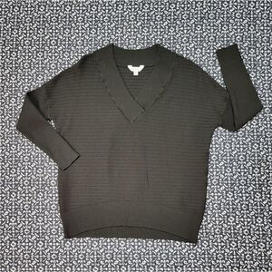 Black Ribbed Oversized Loose Fit Basic Classic Casual V Neck Tunic Sweater